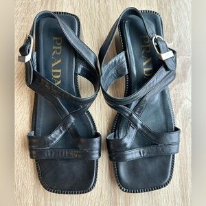 Prada Women’s Black Leather Low Heel Sandals